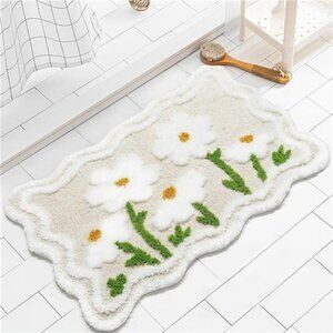Floral Bathroom Rug Non Slip Beige Bath Mat Soft Absorbent Washable Shower Carpe